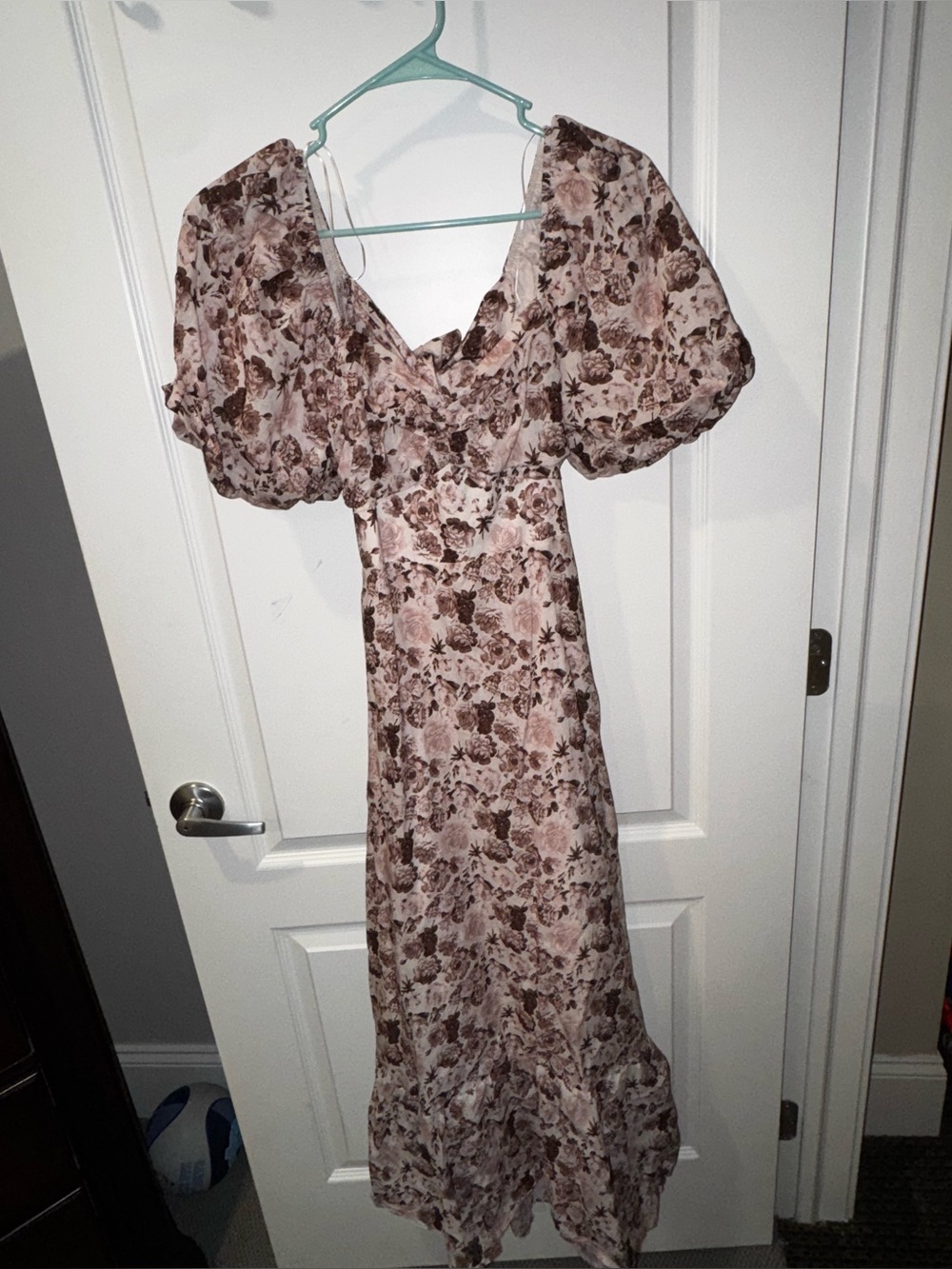 English Factory Taupe Floral Puff-Sleeve Maxi Dress